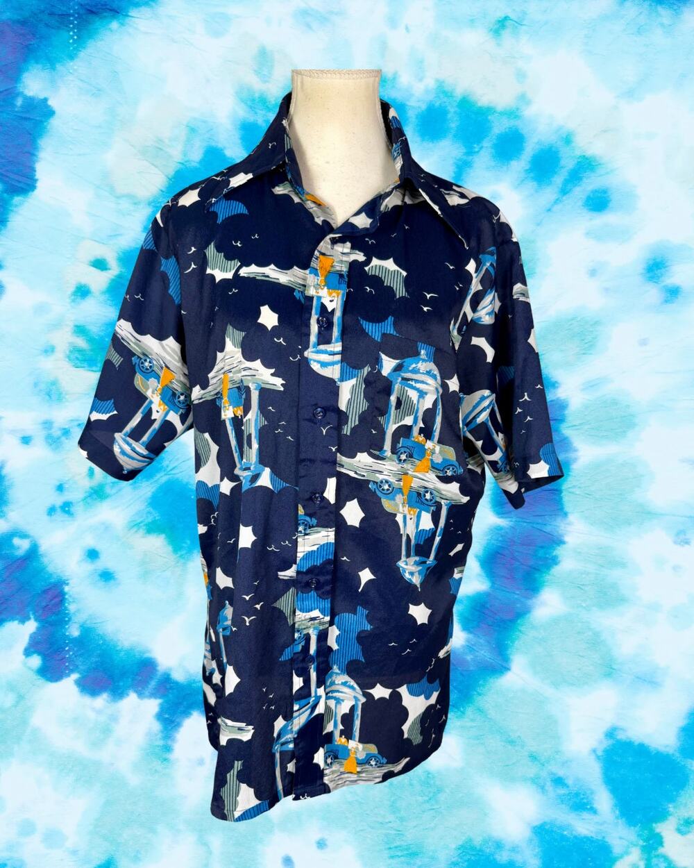 Vintage 70s Bardon, Inc JP2 Art Deco Novelty Print Disco Casual Shirt Size L